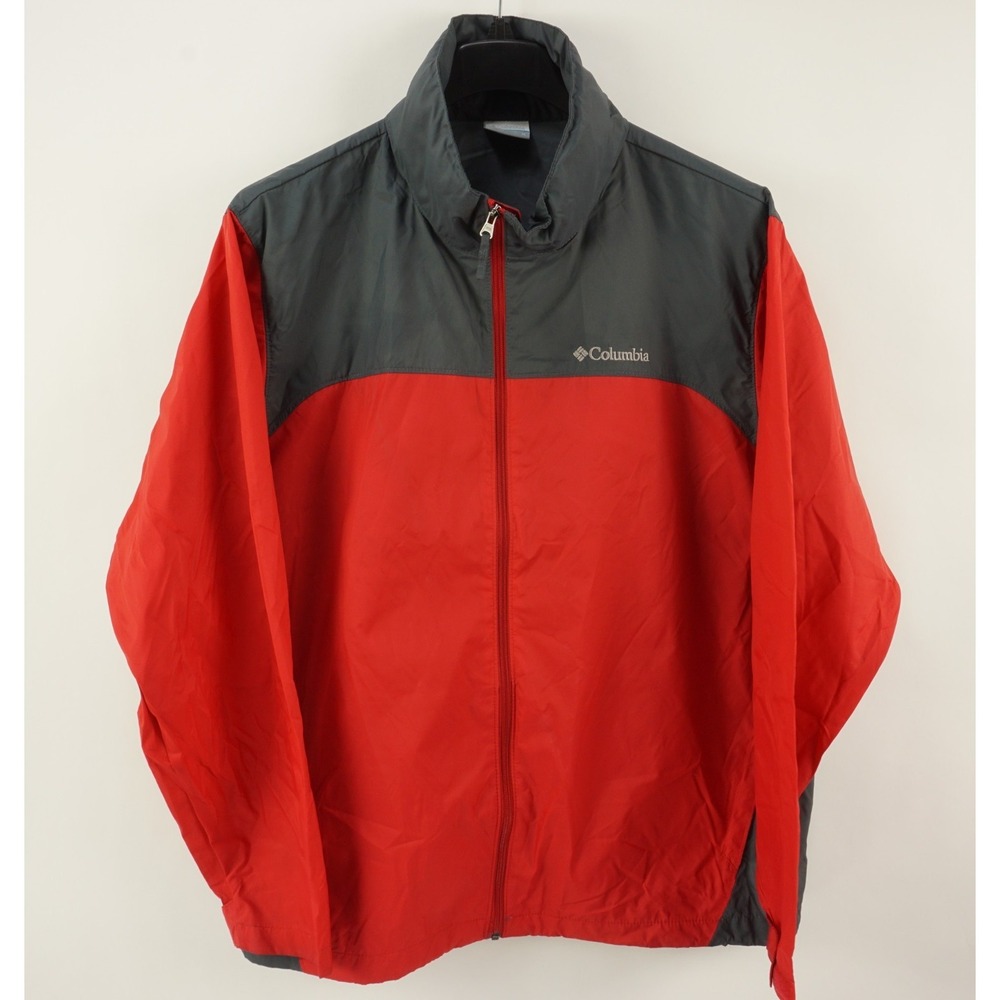 Columbia Men's XL Nylon Red Gray Full Zip High‎ Neck Hooded Waterproof Jacket